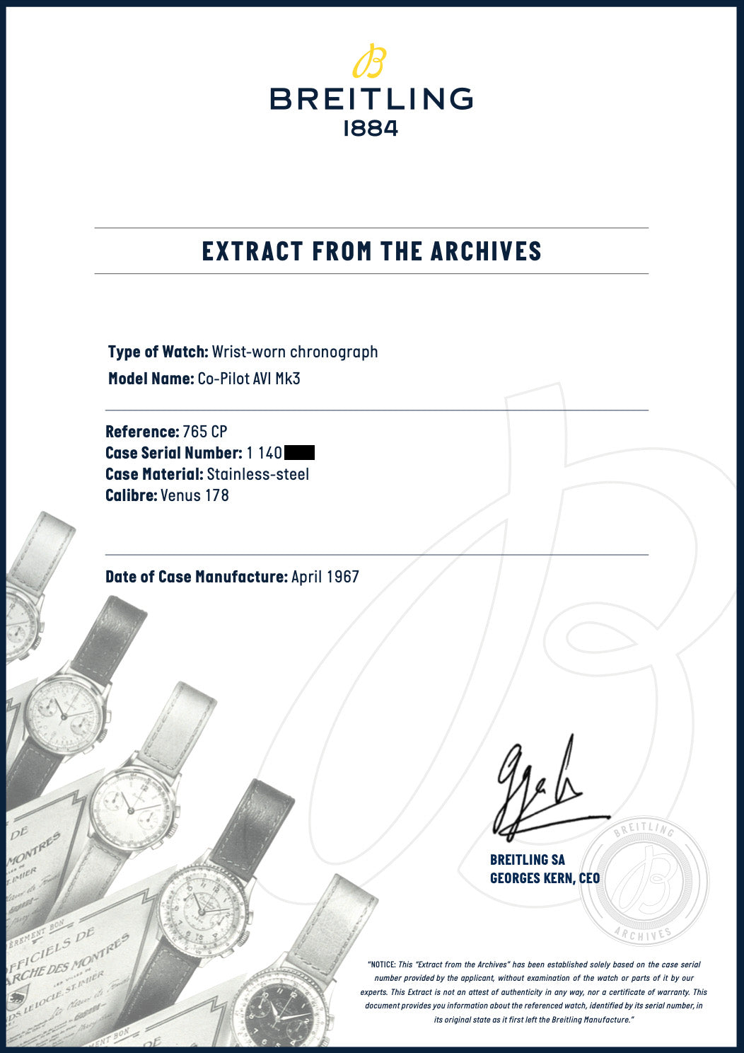 Breitling 765 CP (Co Pilot) Jean-Claude Killy w/Archive Extract